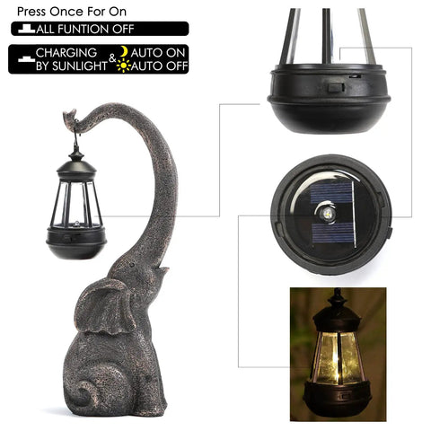 Outdoor Solar Powered Elephant Garden Statue With LED Lantern Lights showing solar panel details and night glow lantern.
