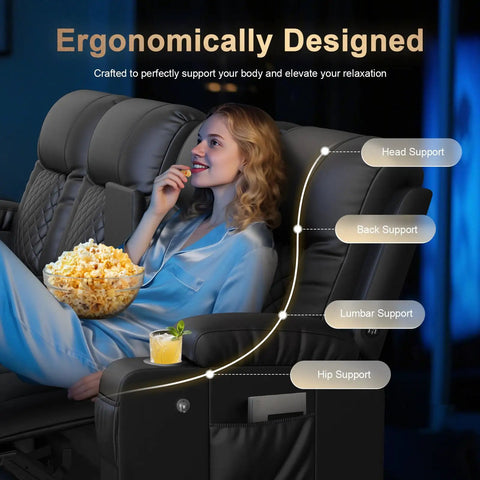 Woman enjoying Four Seat Recliner Sofa With Center Console And USB Ports For Easy Charging, Phone Holders, Wall Hugger RV Style Couch