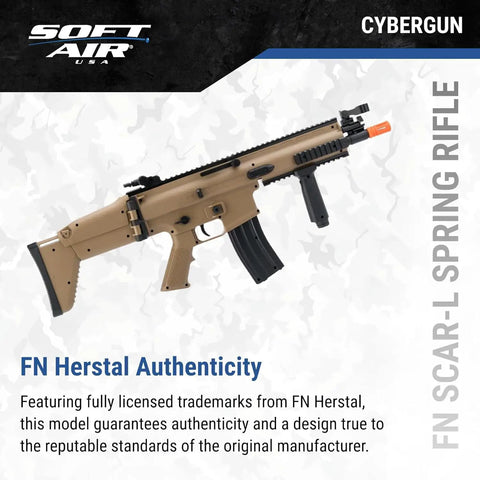 Scar L Licensed Full Size Spring Powered Airsoft Rifle, tan color, right side view with tactical rails and manual cocking