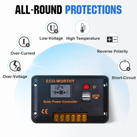 30A PWM charge controller for 200W 12V 24V solar panel kit with all-round protection features for RVs, campers, and boats