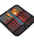 Watch Cleaning Brush Set With Red Wooden Handles And Heads, 10 Sizes, in zippered case for precision movement maintenance.