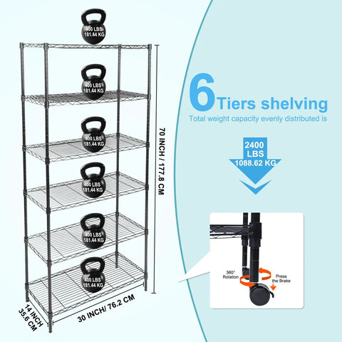 Badass Six Tier Rolling Storage Shelves With Smooth Caster Wheels Hauls Up To 2400 Pounds total adjustable metal rack with kettlebells.