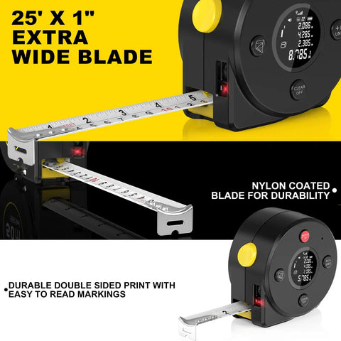 Dual Mode Laser Tape Measure 164 Foot Range With 16 Foot Manual Tape Digital Laser Ruler With Metric Inch And Foot Units LCD Display self locking tape, 25 x 1 in blade