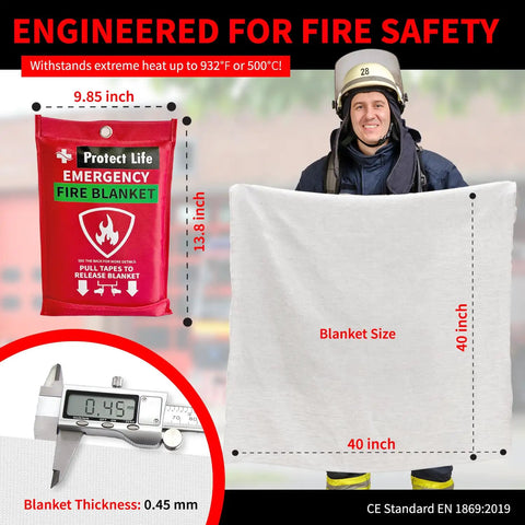 Fireman holding 40x40 inch fiberglass fire blanket with red packaging visible, labeled for emergency fire safety; product info overlay