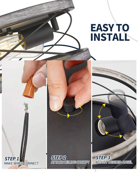 Installation steps for Farmhouse Wood Flush Mount Ceiling Light 12 Inch 2 Light Dimmable Fixture showing wire connection and canopy attachment.