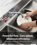 Real Deal 8 Inch Wall Mount Commercial Kitchen Sink Faucet Featuring Badass Solid Brass Build Ridiculously Slick Chrome Shield And Dead Simple Heavy Duty Restaurant Jobs with 360-degree swivel and dishes being washed.