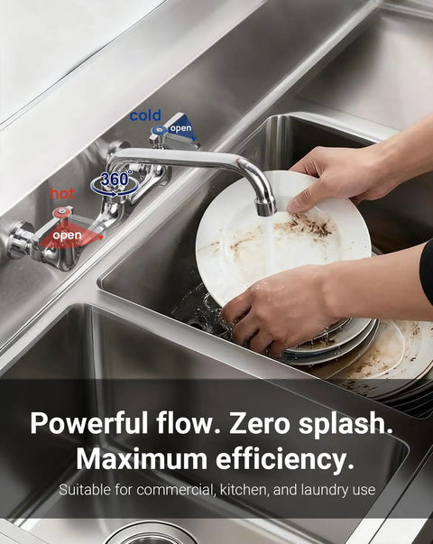 Real Deal 8 Inch Wall Mount Commercial Kitchen Sink Faucet Featuring Badass Solid Brass Build Ridiculously Slick Chrome Shield And Dead Simple Heavy Duty Restaurant Jobs with 360-degree swivel and dishes being washed.