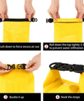 Instructions for sealing Waterproof Boat First Aid Kit with Roll Top Dry Bag, showing how to secure hot-pressed seams for marine use.