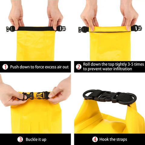 Instructions for sealing Waterproof Boat First Aid Kit with Roll Top Dry Bag, showing how to secure hot-pressed seams for marine use.