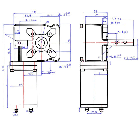 Technical drawing of 600W 60 To 1 Tarp Motor For Dump Truck Tarp Systems With Chrome Cover, 12VDC, 49A, 55 RPM, 5 Hole Mount