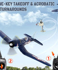 Brushless 4CH RC Plane With 500mm Wingspan F4U Fighter performing aerial maneuvers with 2.4GHz radio controllers in foreground