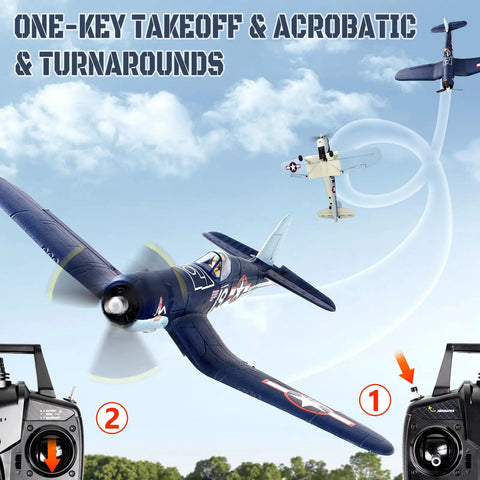 Brushless 4CH RC Plane With 500mm Wingspan F4U Fighter performing aerial maneuvers with 2.4GHz radio controllers in foreground
