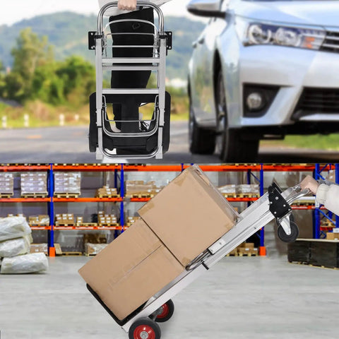 2-In-1 Folding Hand Truck And Dolly Platform Cart Convertible For Heavy Duty Lifting 500-700 Lb Capacity With All Terrain Rubber Wheels And Smooth Ride Switch Between Vertical And Flat Modes, shown folded and loaded
