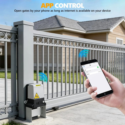 4400lb WiFi Sliding Gate Opener With Smart App Control showing app control on smartphone, 750W heavy duty electric slide gate operator