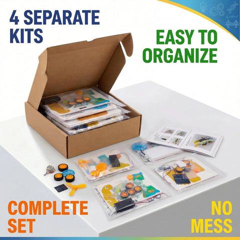 4-In-1 Engineering Kit For Kids Aged 8-12 Build A Mars Rover, A Fast Race Car, A Dope Soaring Glider, And A Paddle Boat; Learn Motor Dynamics And Mechanical Transmission Hands-On, Complete set in box with 4 separate kits