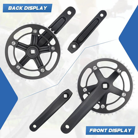 Back and front view of 46T 170mm Aluminum Alloy Square Crankset for Single Speed and Fixed Gear Bikes with chainring details