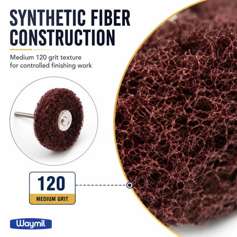 1 1 2 Inch Medium Grit Satin Finish Abrasive Buff Wheel With 1 8 Inch Shank Mounted for Rotary Tools and Flex Shaft showing synthetic fiber texture.