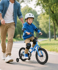 Child riding a blue 16 Inch Kids Bike For Boys And Girls With Removable Training Wheels Pneumatic Tires Adjustable Seat And Handlebar Dual Brake System Kid Friendly Grows With Your Kid For Ages 3 To 8 Blue