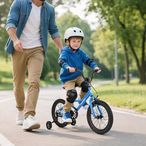 Child riding a blue 16 Inch Kids Bike For Boys And Girls With Removable Training Wheels Pneumatic Tires Adjustable Seat And Handlebar Dual Brake System Kid Friendly Grows With Your Kid For Ages 3 To 8 Blue