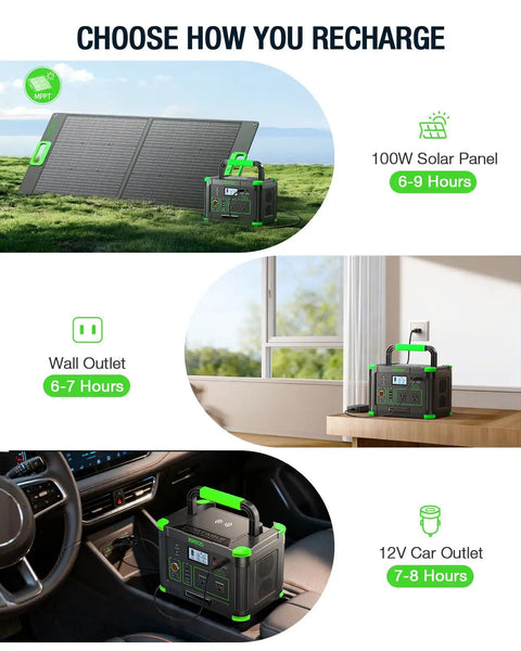 Power On The Go 500W Portable Power Station With 519.48Wh battery charging options: solar panel, wall, car outlet.