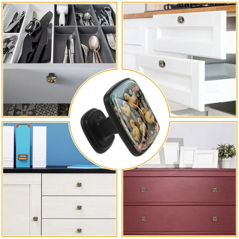 Four Pack Square Cabinet Knobs Set With Flower Chickens Fence Design Black Glass And ABS Pulls For Cabinets Dressers