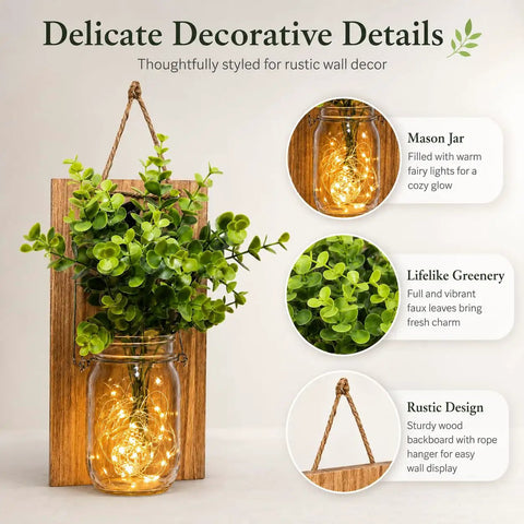 Rustic Mason Jar Wall Sconces Featuring Led Fairy Lights And Faux Ivy Vine Serve Up Serious Farmhouse Charm And Super Cool Evening Vibes For Your Spot Killer Decor Two Pack with green foliage and warm glow.
