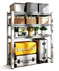 Built Tough Stainless Steel Washer Shelf With Adjustable Multi Tier Layout For Heavy Duty Laundry Game Changer And Reliable Over Dryer Storage Flex Rack Unit holding storage boxes and suitcases.