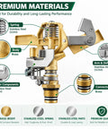 Half Inch Brass Impact Sprinkler Head Built Tough As Nails With Zinc Free Solid Brass Housing And Rugged Stainless Steel Parts For Rock Solid Yard Watering Up To Forty Five Foot Radius internal components showing brass body and stainless steel parts.