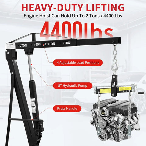 Badass 2 Ton Hydraulic Engine Hoist Folding Cherry Picker Crane with adjustable boom lifting engine, 4400 lbs capacity, heavy-duty design.