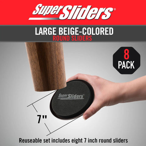 Heavy Duty Furniture Sliders For Carpet, Reusable Moving Pads Help You Slide Heavy Couches Across Rugs Without Breaking A Sweat, Non Adhesive Glides For Beds And Recliners, Beige 8 Piece Kit Moves Furniture Like A Champ showing 7-inch round slider applied under furniture leg.