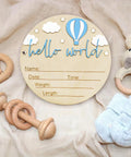 5.9 Inch Wooden Hello World Birth Announcement Sign With Pen And Stand, Blue Balloon And White Cloud Nursery Decor For Newborn Arrival