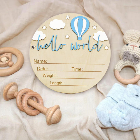 5.9 Inch Wooden Hello World Birth Announcement Sign With Pen And Stand, Blue Balloon And White Cloud Nursery Decor For Newborn Arrival