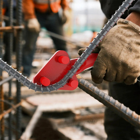 Heavy Duty Reverse Head Rebar Bender For 5/8 Inch Metal Rods in use, bending steel rebar at 90 degrees with red lever design.