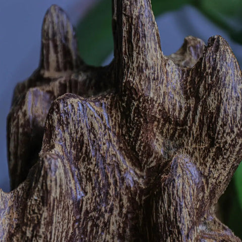 Close-up of Solid Agarwood Feng Shui Decor Piece From Nha Trang With Aged Raw Material And Fragrance Spice, showcasing wood texture.