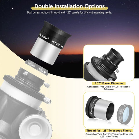 6mm 1.25 Inch Plossl Eyepiece With Fully Multicoated Optics showing dual installation options