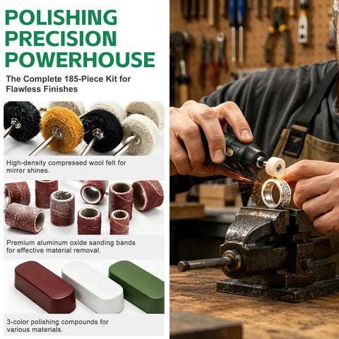 185 Piece Wool Felt Polishing Kit For Rotary Tools Gives You Everything To Make It Shine On Rusty Metal With Buffing Wheels And A Hunky Storage Case For All Your DIY Fixes, showing wool felt pads and polishing compounds.