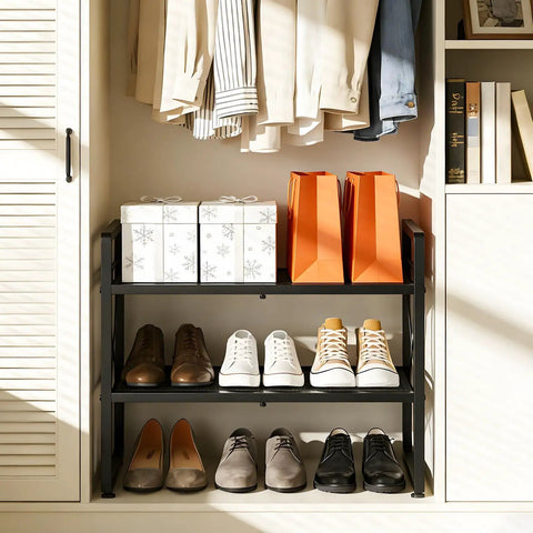 Expandable Two Tier Metal Shoe Rack Organizer For Entryway And Closet Adjustable Length From 18.6 To 30.5 Inches Holds Up To 8 Pairs Black Shoe Shelf