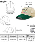 Dimensions of Funny Spare Time RV Camper Sun Hat For Dad Cool Cap with green brim and beige mesh, shown from different angles.