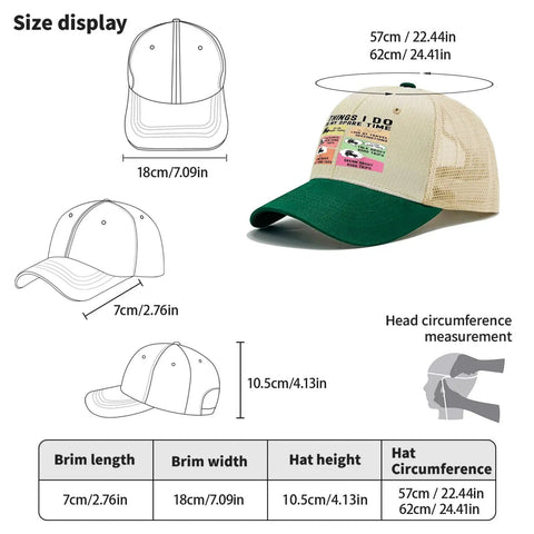 Dimensions of Funny Spare Time RV Camper Sun Hat For Dad Cool Cap with green brim and beige mesh, shown from different angles.