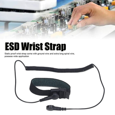 ESD Wrist Strap With Grounding Wire And Extendable Long Cord, Reusable Anti Static Bracelet placed on electronics workstation.