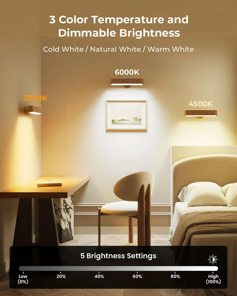 Solid Upgrade Set Of Two Rechargeable Walnut Wood Wall Sconces With Magnetic Mount And Remote Control Featuring 15 Rgb Colors 360 Degree Rotate Dimmable Led Bedside Lamps That Hits Different For Bedroom Decor And Living Room Vibes showing different brightness levels.