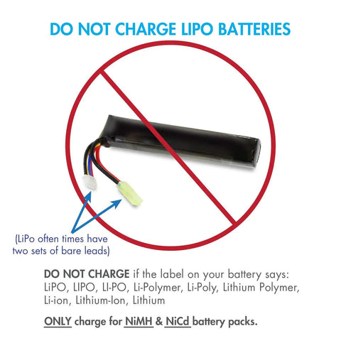 Image showing warning: "Do Not Charge LiPo Batteries" for a Smart Battery Charger for NiMH NiCd RC Batteries 7.2V to 12V.