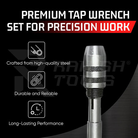 Close-up view of Three Piece T Handle Tap Wrench Set With Jaw Openings 1/16 To 5/32, 5/32 To 1/4, And 1/4 To 1/2 Inch for precision work.