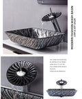 USZWBY Bathroom Vessel Sink, Tempered Glass Artistic Vessel Bowl Sink Countertop with waterfall faucet and dark design.