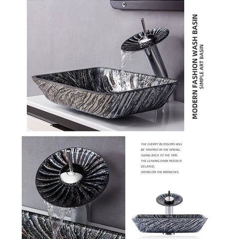 USZWBY Bathroom Vessel Sink, Tempered Glass Artistic Vessel Bowl Sink Countertop with waterfall faucet and dark design.