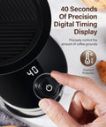 Real Deal Flat Burr Coffee Bean Grinder Built Rock Solid With 32 Crisp Grind Settings And 40 Second Timer digital display for precise grinding control.