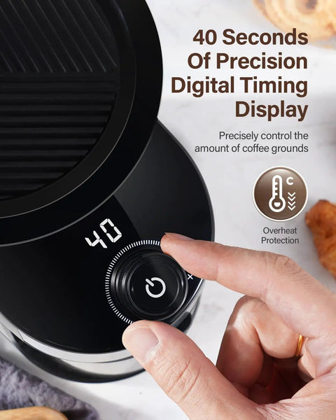 Real Deal Flat Burr Coffee Bean Grinder Built Rock Solid With 32 Crisp Grind Settings And 40 Second Timer digital display for precise grinding control.