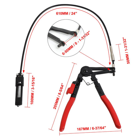 24 Inch Flexible Hose Clamp Pliers Locking Tool With Two Foot Reach For Fuel Oil And Water Hoses shown with measurements