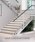 Heavy Duty Glass Railing Standoff Set, Solid Marine Grade 316 Stainless Steel, 2 Inch Glass Fix, Matte Black on staircase