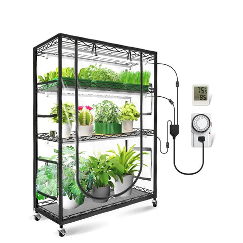 Indoor Greenhouse With Full Spectrum 5000K LED Grow Light Three-Foot Wide Grow Space For Seed Starting on five tiers.